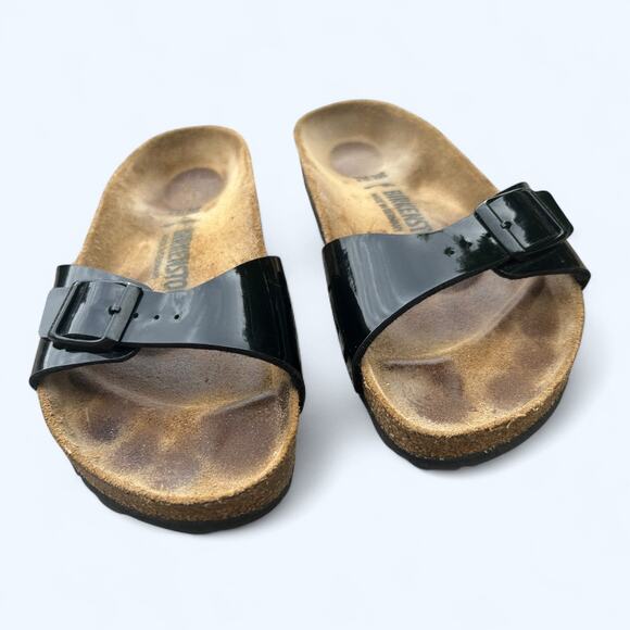 Women's Birkenstock Madrid Black Patent Leather Slide Sandals size 38 Narrow - Picture 3 of 10